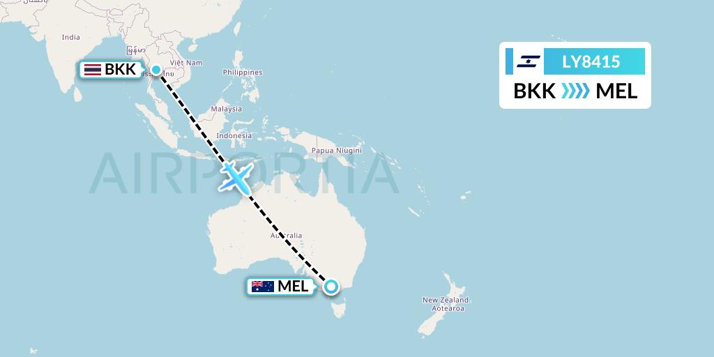 LY8415 El Al Flight Map: Bangkok to Melbourne