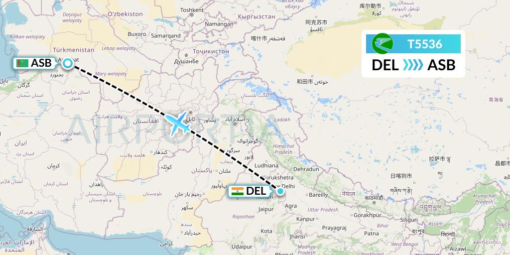T5536 Turkmenistan Airlines Flight Map: Delhi to Ashgabat
