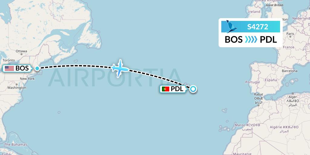S4272 Azores Airlines Flight Map: Boston to Ponta Delgada