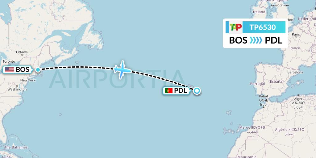 TP6530 TAP Portugal Flight Map: Boston to Ponta Delgada