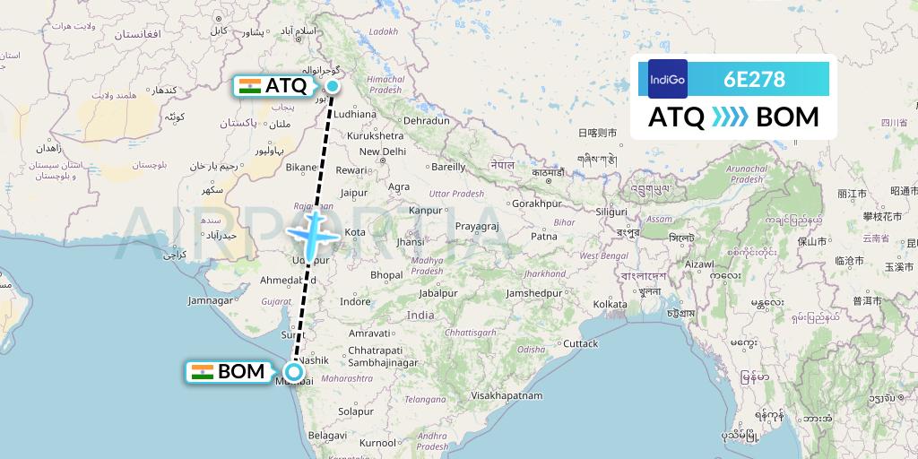 6E278 IndiGo Airlines Flight Map: Amritsar to Mumbai