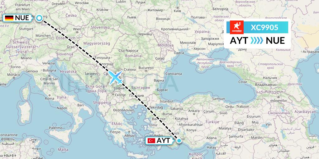 XC9905 Corendon Airlines Flight Map: Antalya to Nurnberg