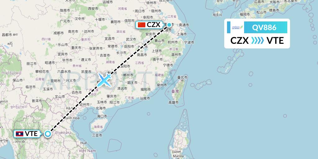 QV886 Lao Airlines Flight Map: Changzhou to Vientiane