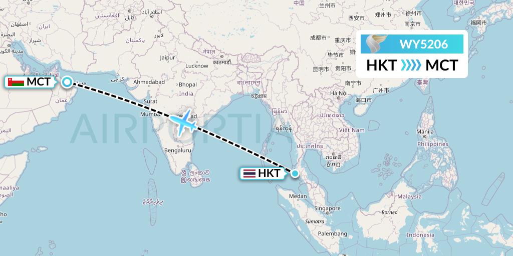 WY5206 Oman Air Flight Map: Phuket to Muscat