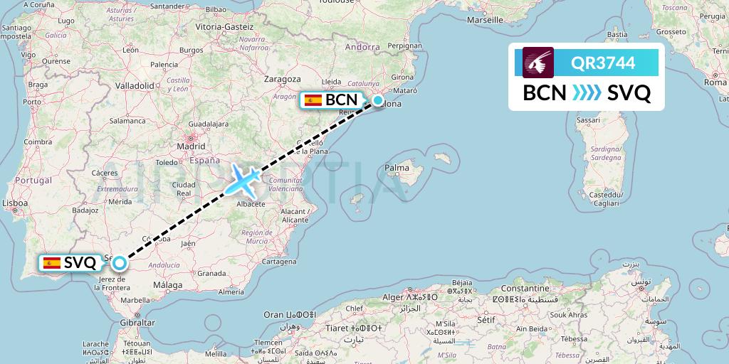 QR3744 Qatar Airways Flight Map: Barcelona to Seville