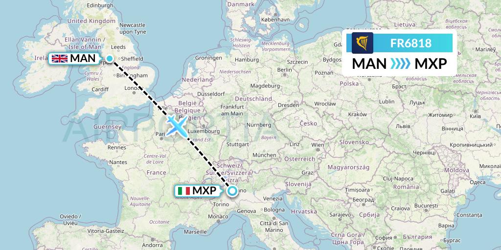 FR6818 Ryanair Flight Map: Manchester to Milan