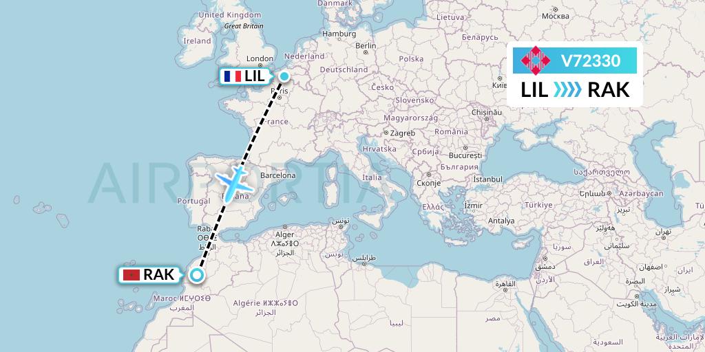 V72330 Volotea Flight Map: Lille to Marrakesh