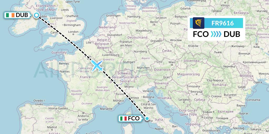FR9616 Ryanair Flight Map: Rome to Dublin