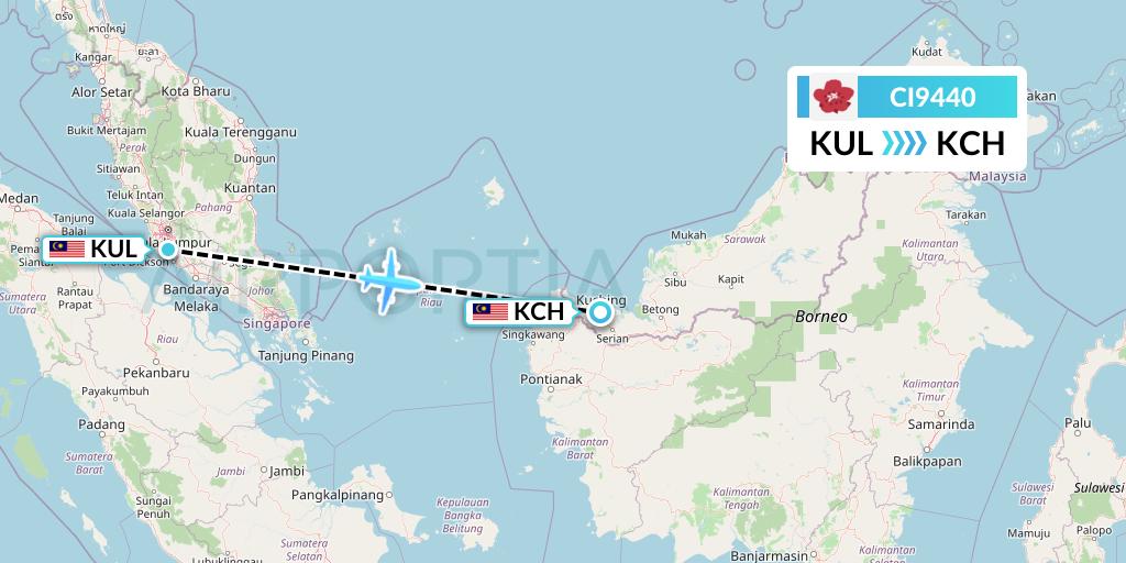 CI9440 China Airlines Flight Map: Kuala Lumpur to Kuching