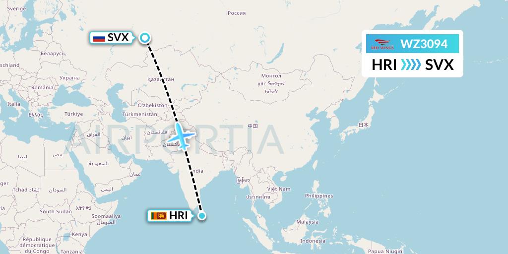 WZ3094 Red Wings Flight Map: Hambantota to Yekaterinburg