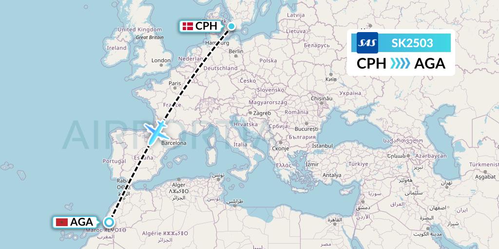 SK2503 SAS Flight Map: Copenhagen to Agadir