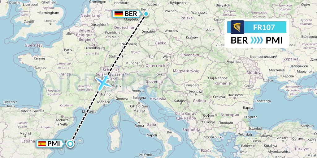 FR107 Ryanair Flight Map: Berlin to Palma de Mallorca