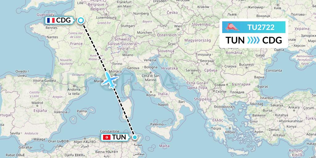 TU2722 Tunisair Flight Map: Tunis to Paris