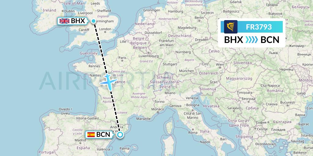 FR3793 Ryanair Flight Map: Birmingham to Barcelona