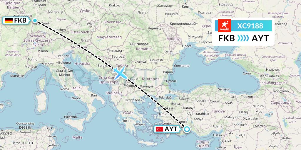 XC9188 Corendon Airlines Flight Map: Karlsruhe/Baden-Baden to Antalya