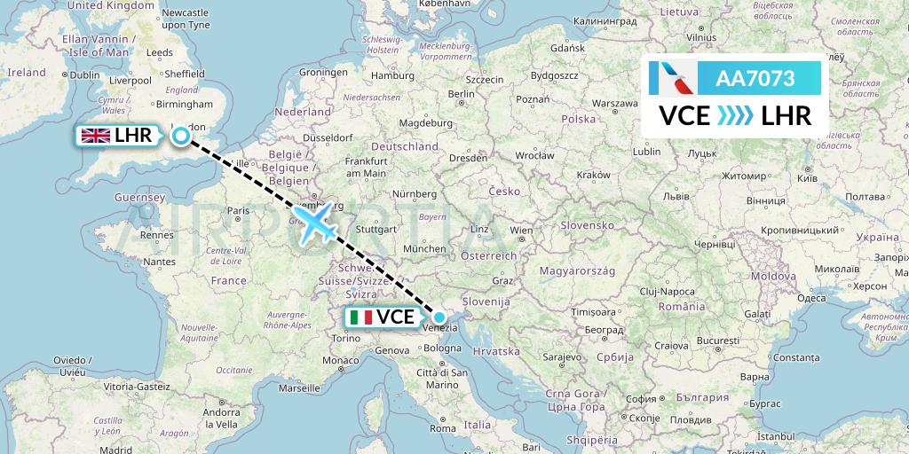 AA7073 American Airlines Flight Map: Venice to London