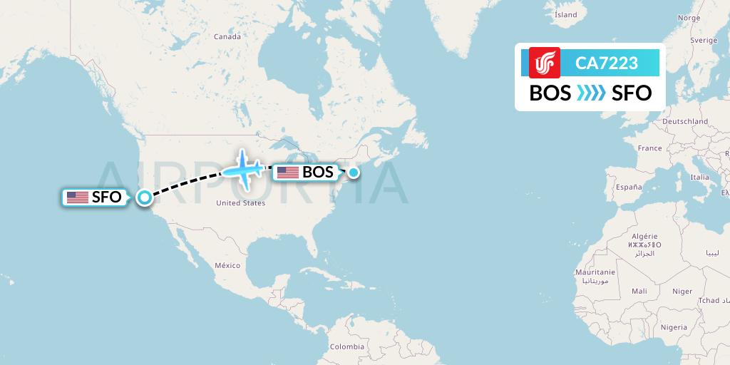 CA7223 Air China Flight Map: Boston to San Francisco