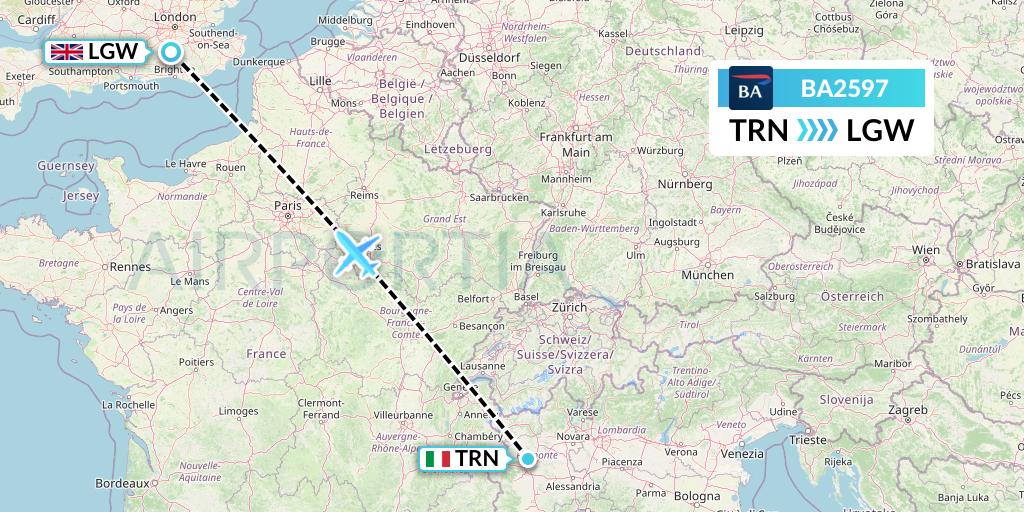 BA2597 British Airways Flight Map: Turin to London