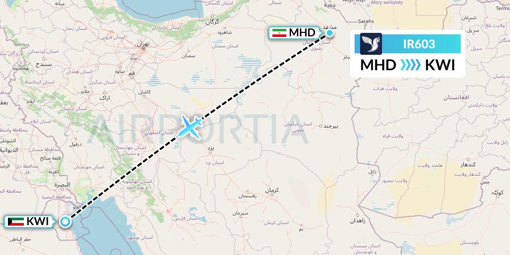 IR603 Iran Air Flight Map: Mashhad to Kuwait City
