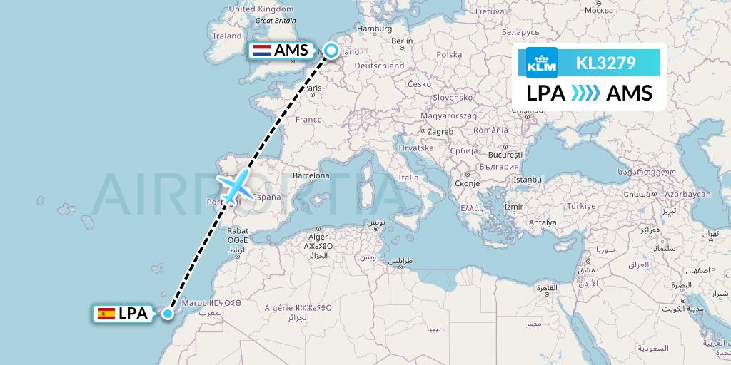 KL3279 KLM Flight Map: Las Palmas to Amsterdam