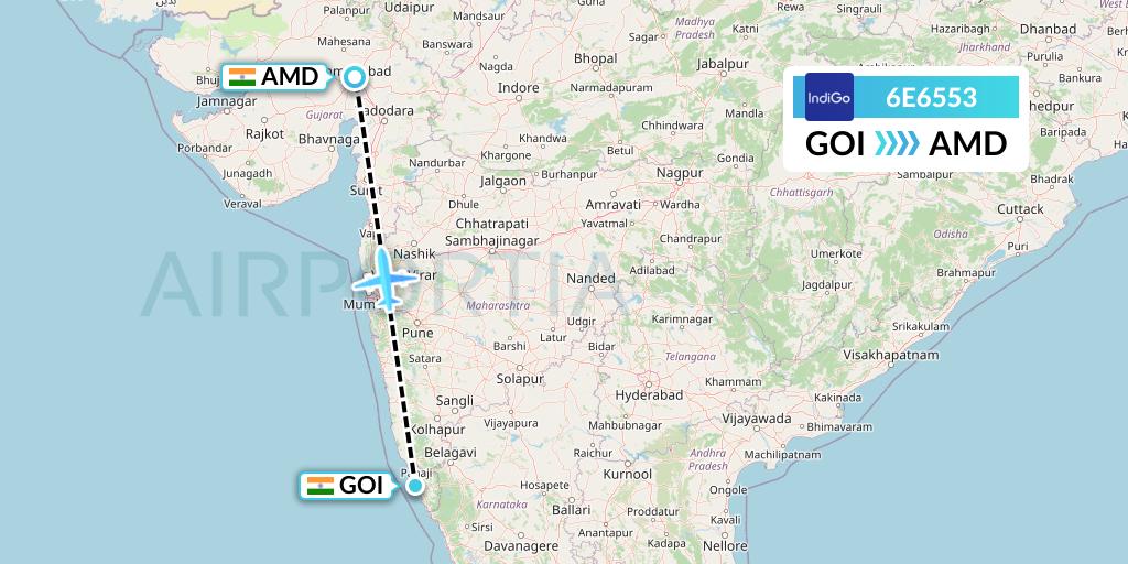 6E6553 IndiGo Airlines Flight Map: Goa to Ahmedabad