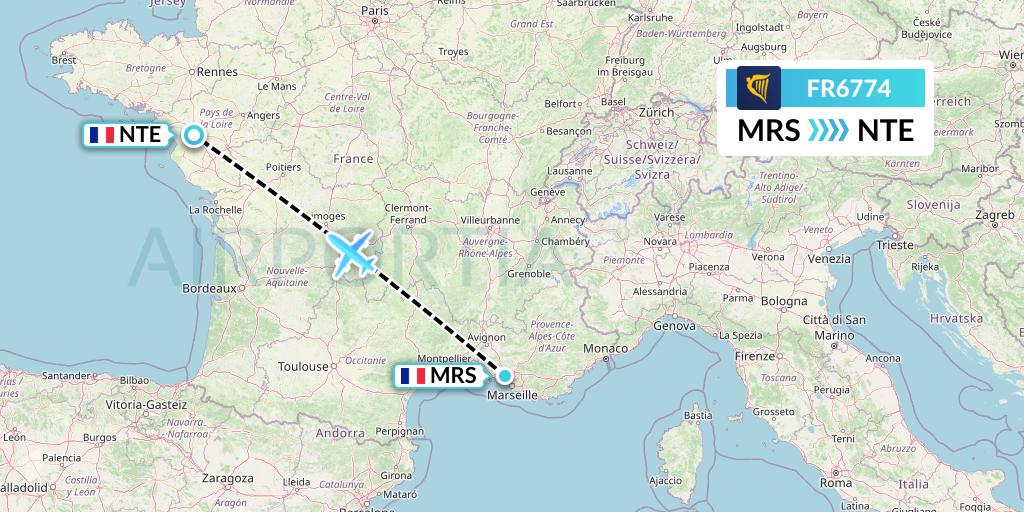 FR6774 Ryanair Flight Map: Marseille to Nantes