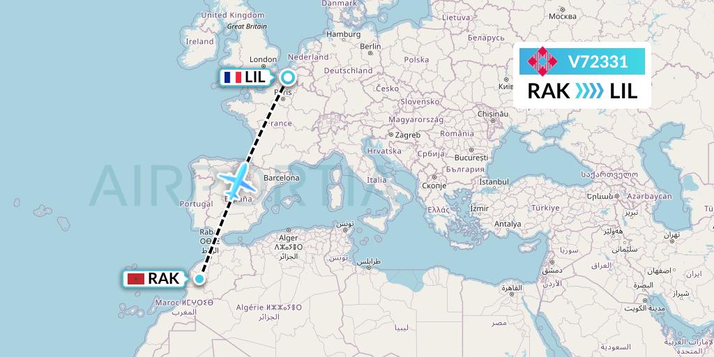 V72331 Volotea Flight Map: Marrakesh to Lille