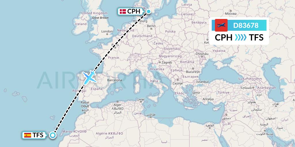 D83678 Norwegian Air International Flight Map: Copenhagen to Tenerife
