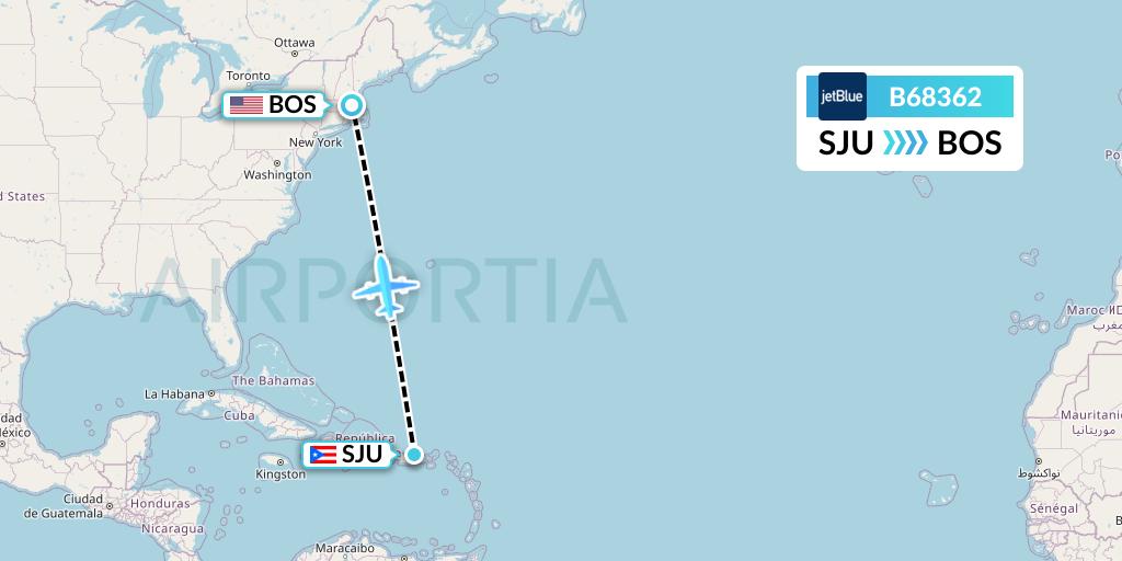 B68362 JetBlue Airways Flight Map: San Juan to Boston