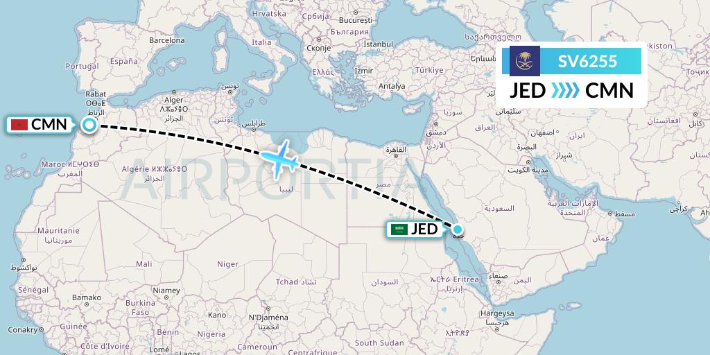 SV6255 Saudi Arabian Airlines Flight Map: Jeddah to Casablanca