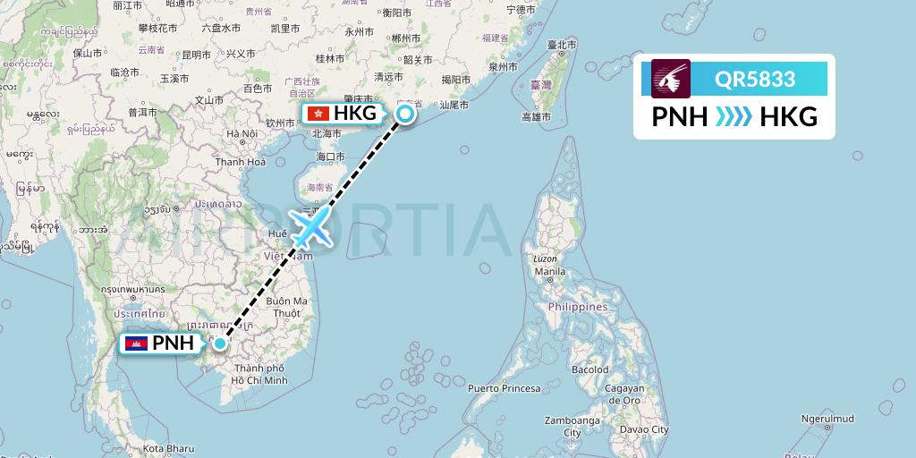 QR5833 Qatar Airways Flight Map: Phnom Penh to Hong Kong