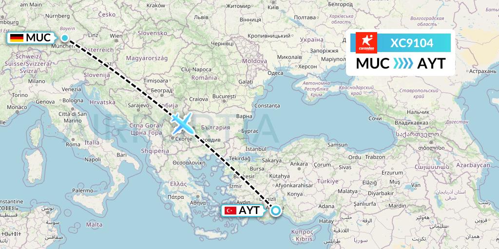XC9104 Corendon Airlines Flight Map: Munich to Antalya