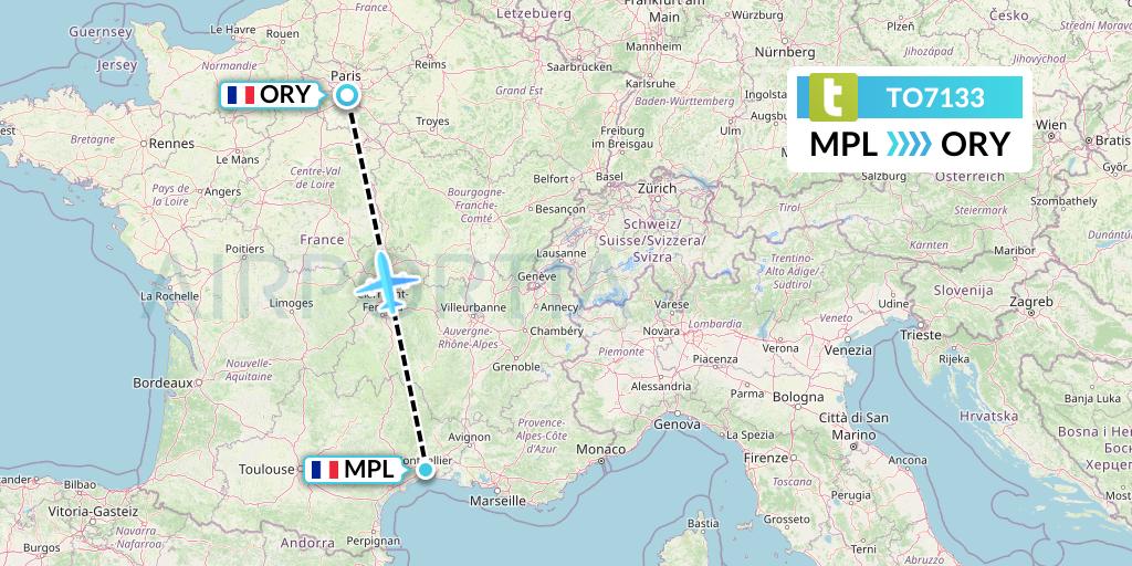TO7133 Transavia France Flight Map: Montpellier to Paris