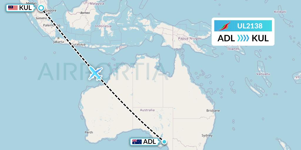 UL2138 SriLankan Airlines Flight Map: Adelaide to Kuala Lumpur