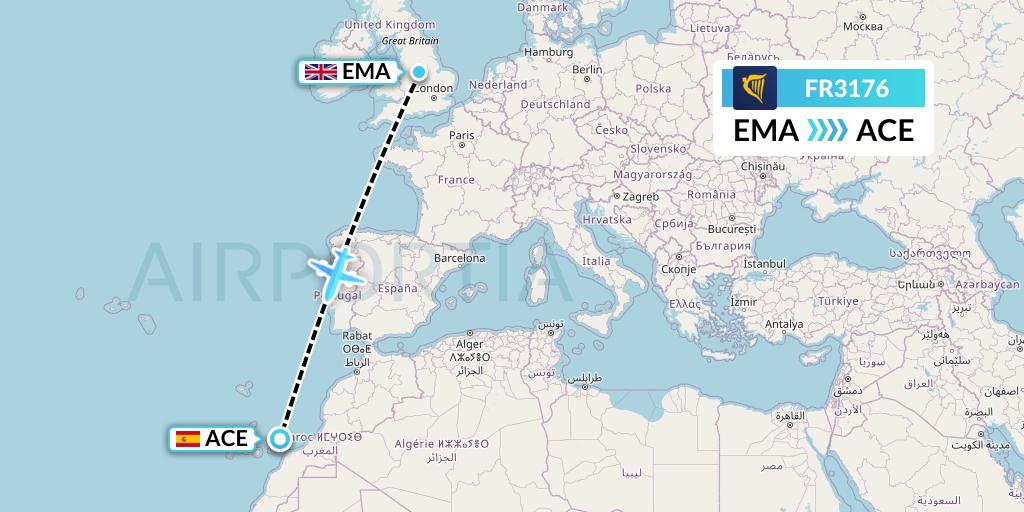FR3176 Ryanair Flight Map: East Midlands to Lanzarote