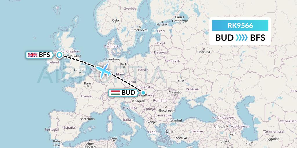 RK9566 Ryanair UK Flight Map: Budapest to Belfast