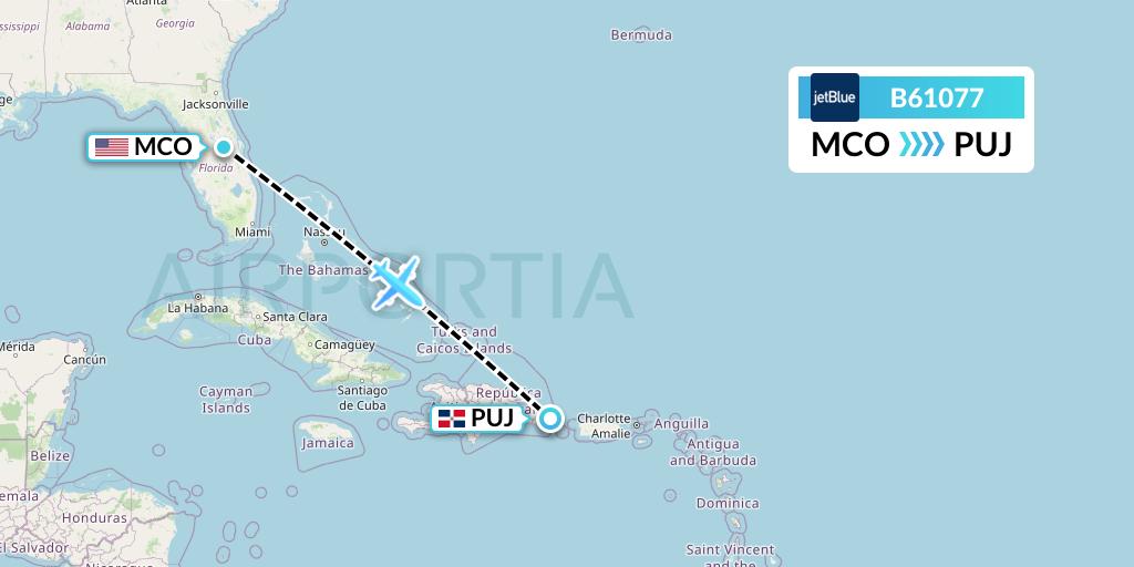 B61077 JetBlue Airways Flight Map: Orlando to Punta Cana