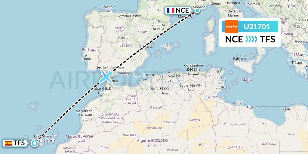 U21701 EasyJet Flight Map: Nice to Tenerife