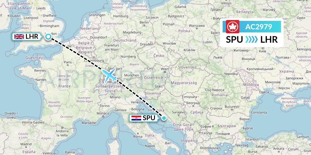AC2979 Air Canada Flight Map: Split to London