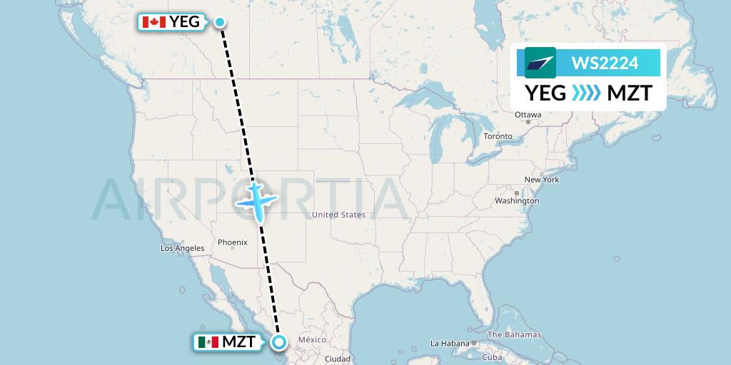 WS2224 WestJet Flight Map: Edmonton to Mazatlan