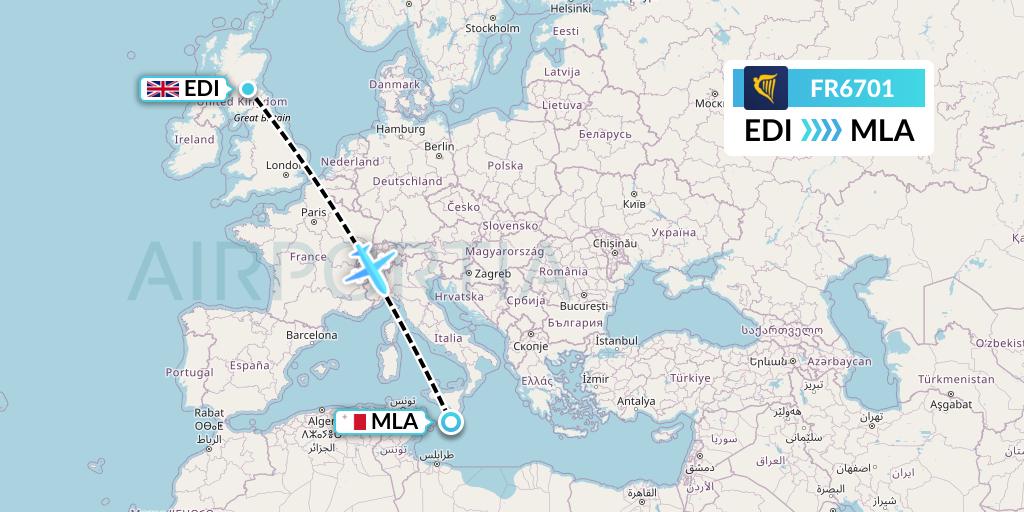FR6701 Ryanair Flight Map: Edinburgh to Malta