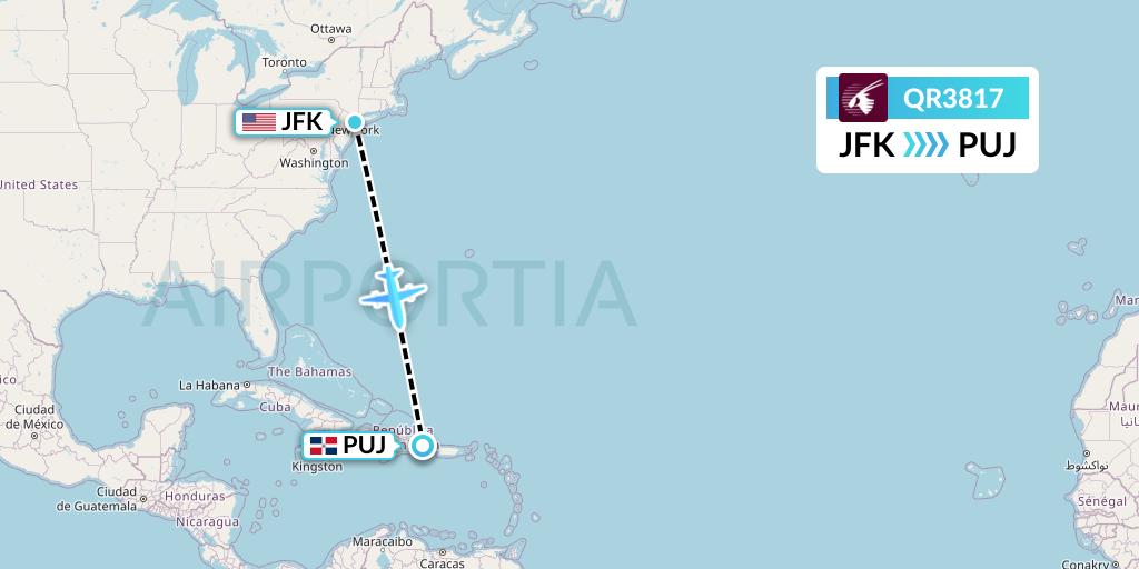 QR3817 Qatar Airways Flight Map: New York to Punta Cana