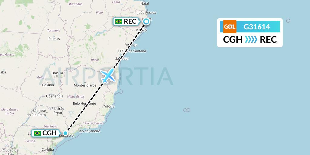 G31614 GOL Transportes Aeros Flight Map: Sao Paulo to Recife