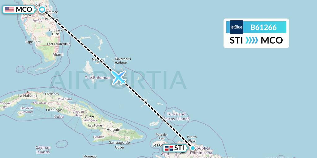 B61266 JetBlue Airways Flight Map: Santiago de los Caballeros to Orlando