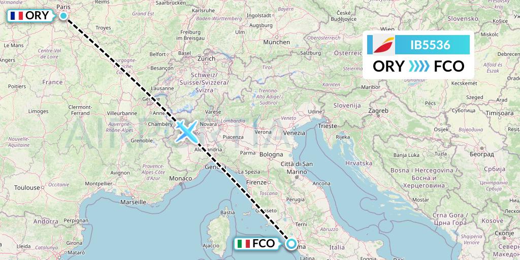 IB5536 Iberia Flight Map: Paris to Rome