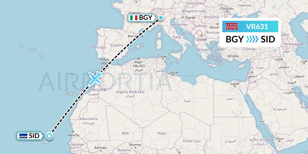 VR631 TACV Cape Verde Airlines Flight Map: Milan to Espargos