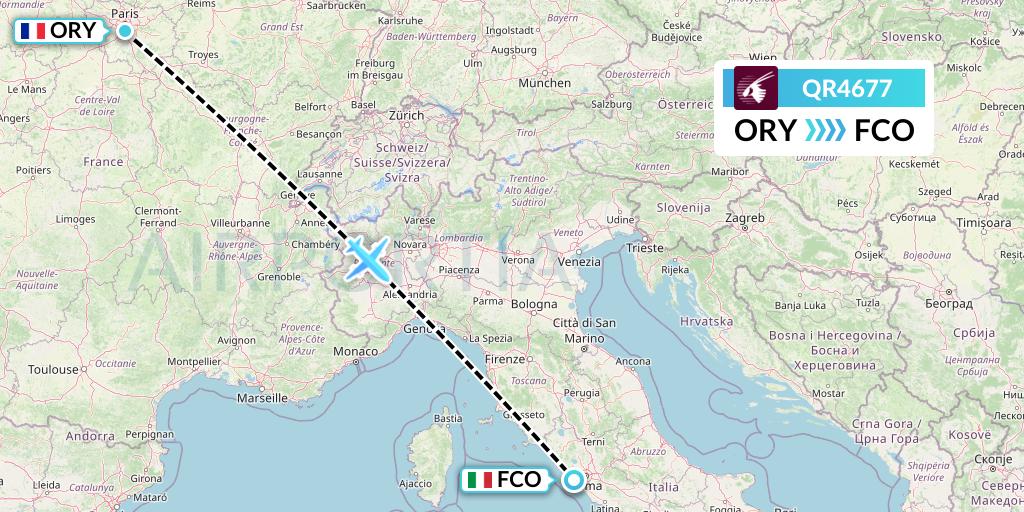 QR4677 Qatar Airways Flight Map: Paris to Rome
