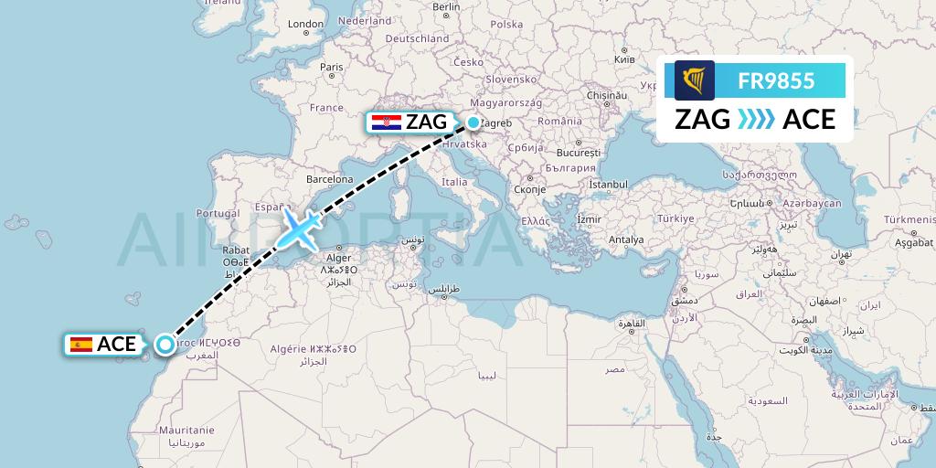 FR9855 Ryanair Flight Map: Zagreb to Lanzarote