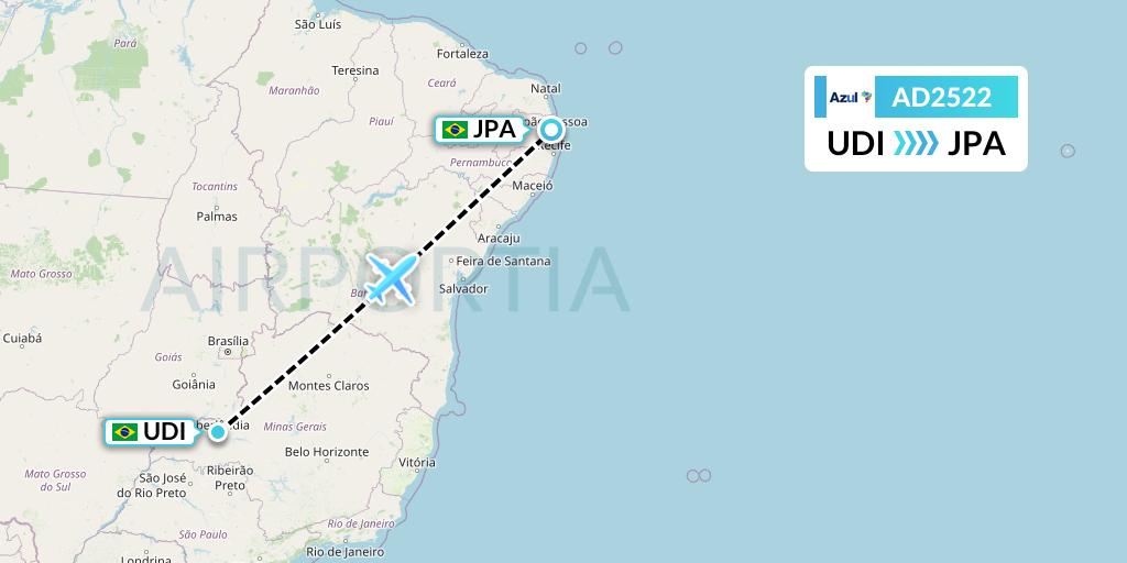 AD2522 Azul Brazilian Airlines Flight Map: Uberlandia to Joao Pessoa
