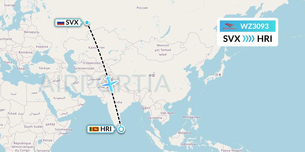 WZ3093 Red Wings Flight Map: Yekaterinburg to Hambantota